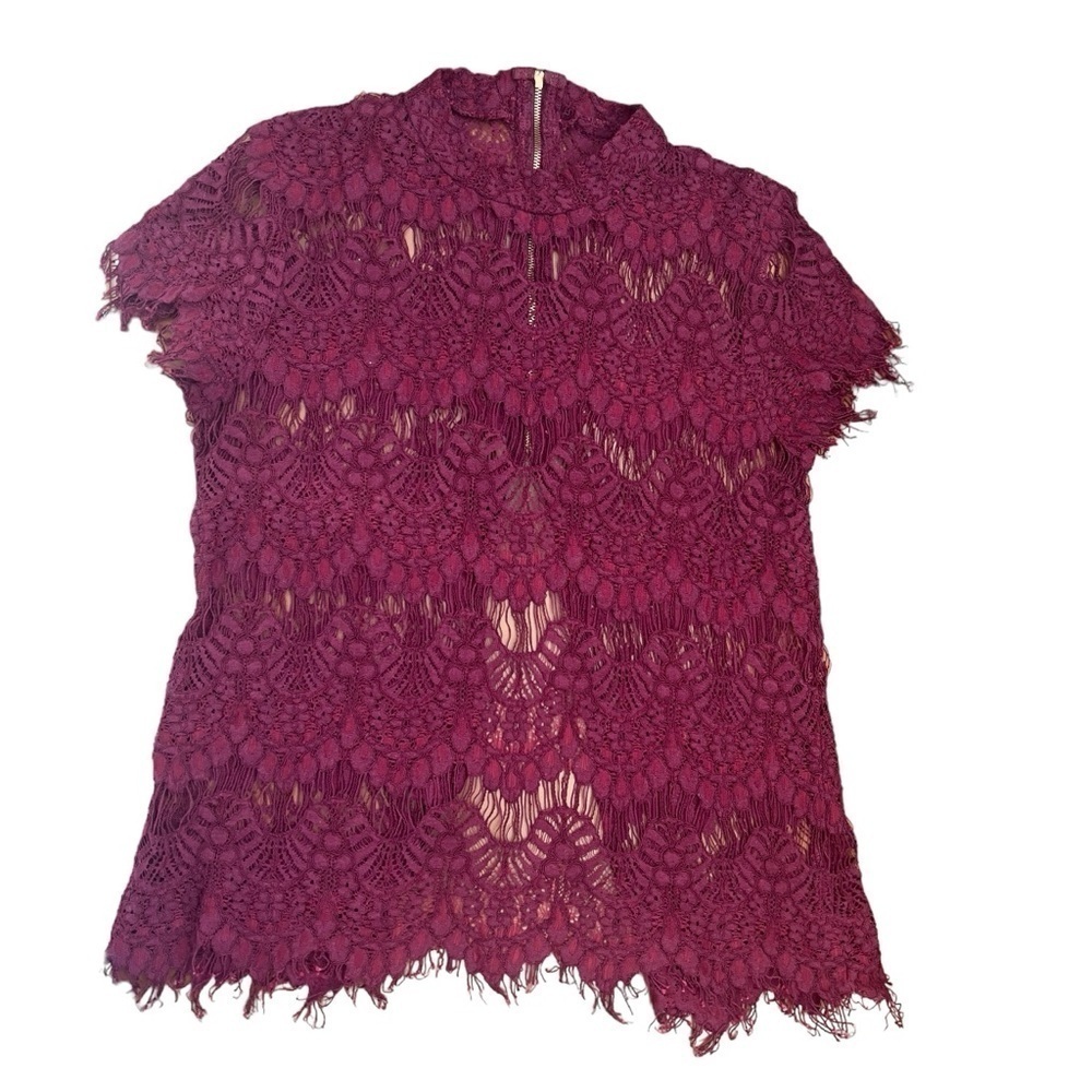 INNY Burgundy Plum Lace Eyelash Detail Top Shirt Women Small Open Back